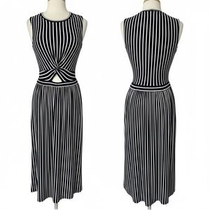 Warehouse Navy Blue Striped Midi Dress Sz 4 Cut Out Resort Wear Coastal Nautical
